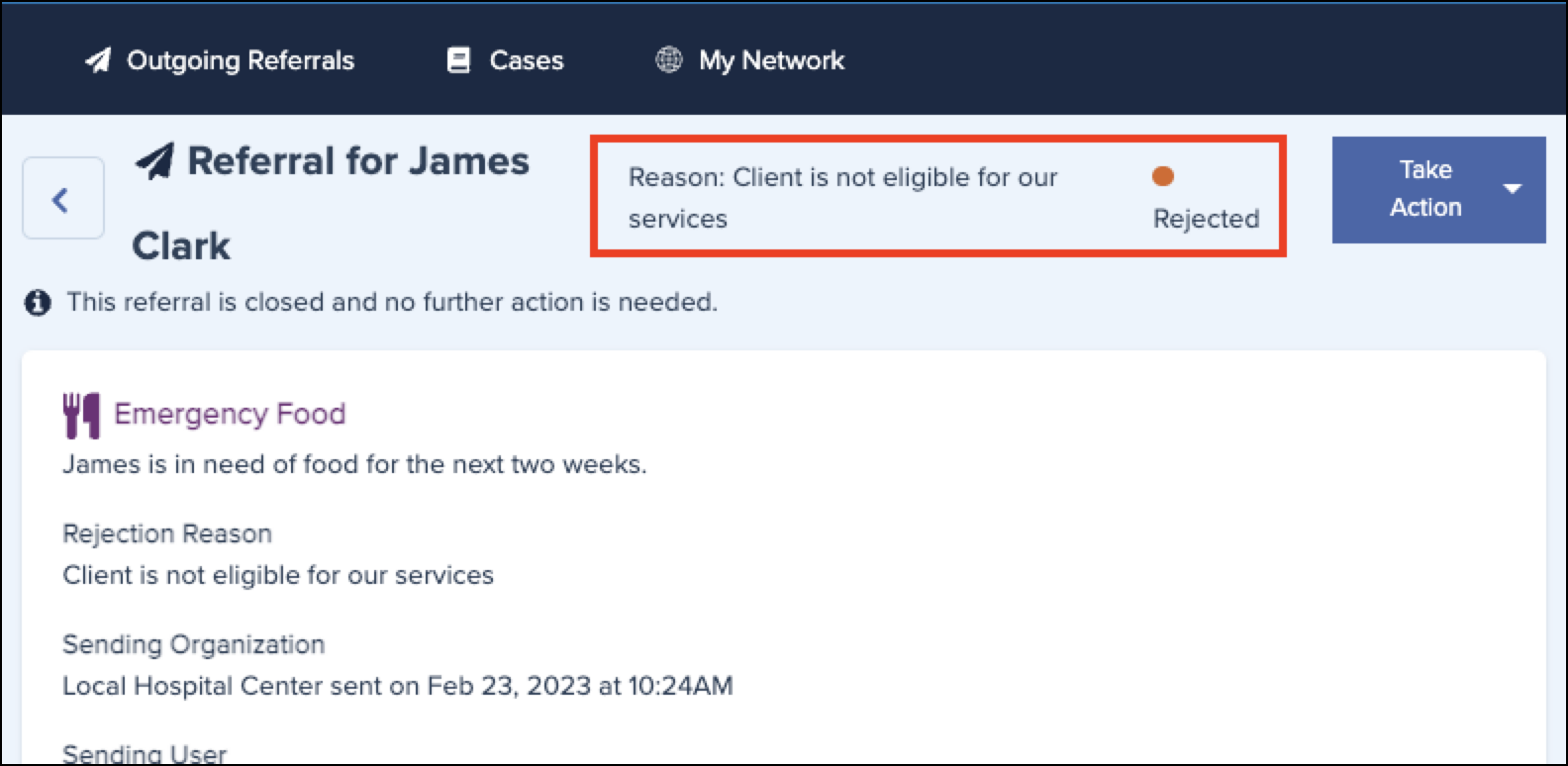 A referral page with the Rejected status and rejection reason highlighted