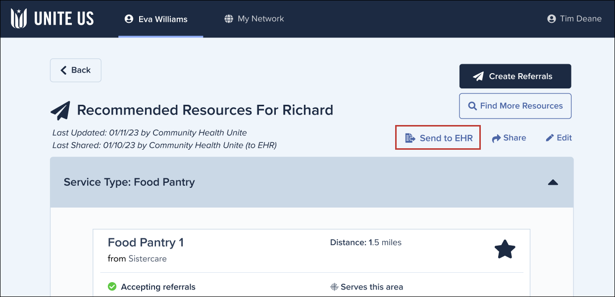 A Recommended Resources list with the Send to EHR button highlighted