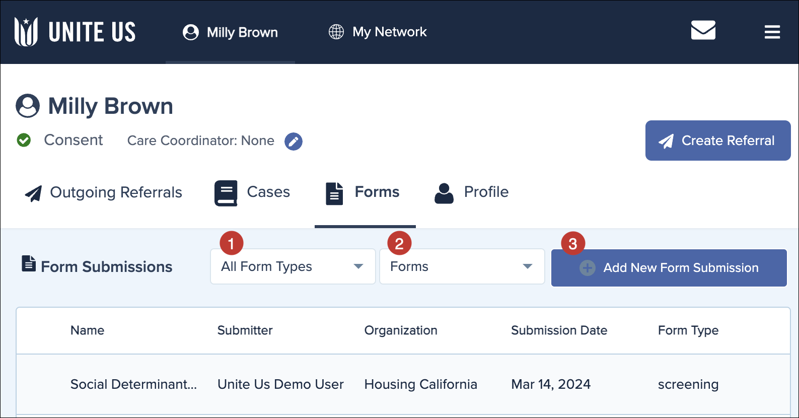 The Forms tab of the client's profile in the SMART app, with callouts for the key fields