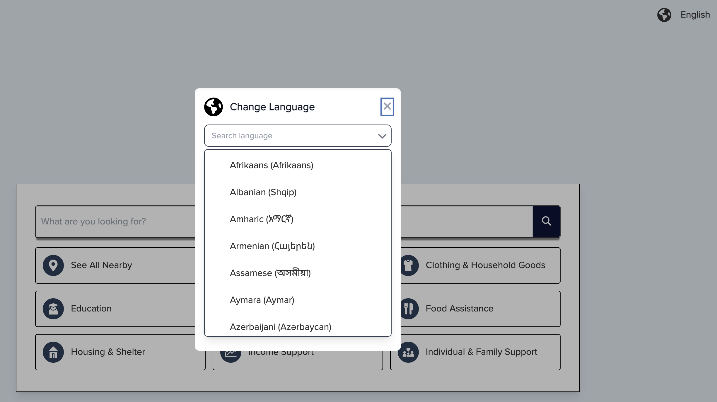The Change Language window on a public resource directory