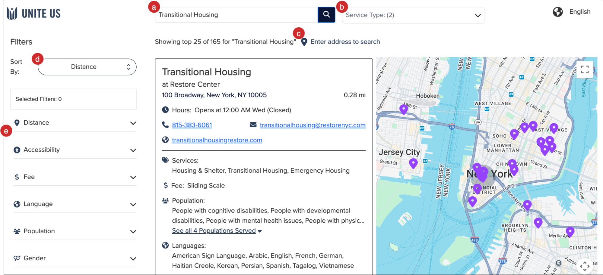 The public resource directory results page with all of the different filters, search bar, and sorting options highlighted