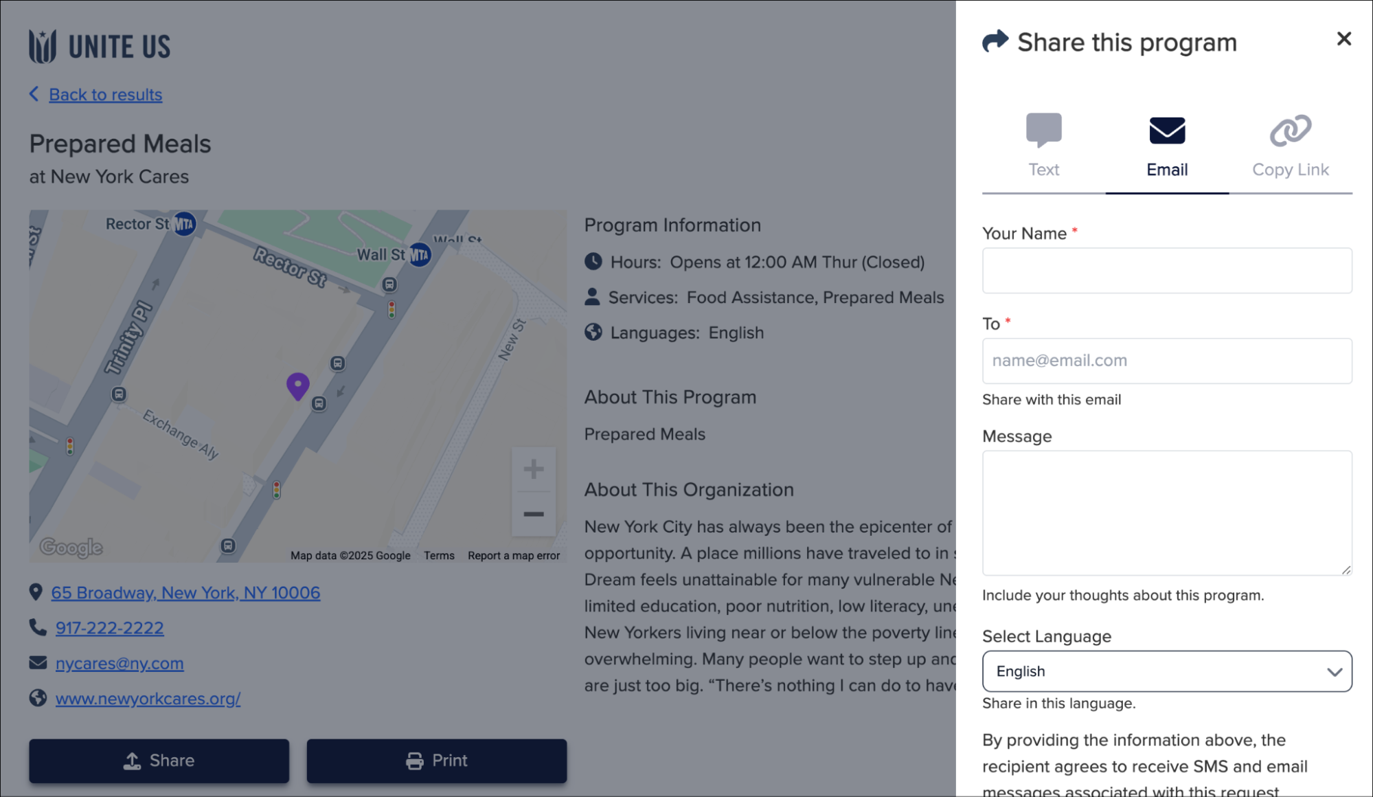 The Email tab of the Share this program drawer
