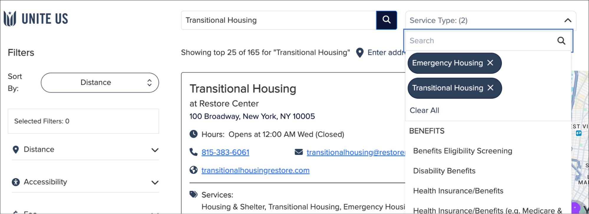 The public resource directory results page, with the Service Type filter open