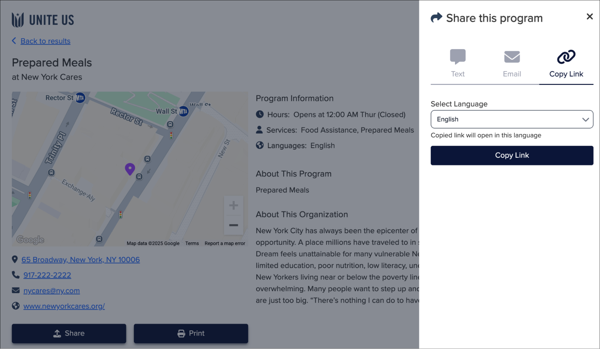 The Copy Link tab of the Share this program drawer